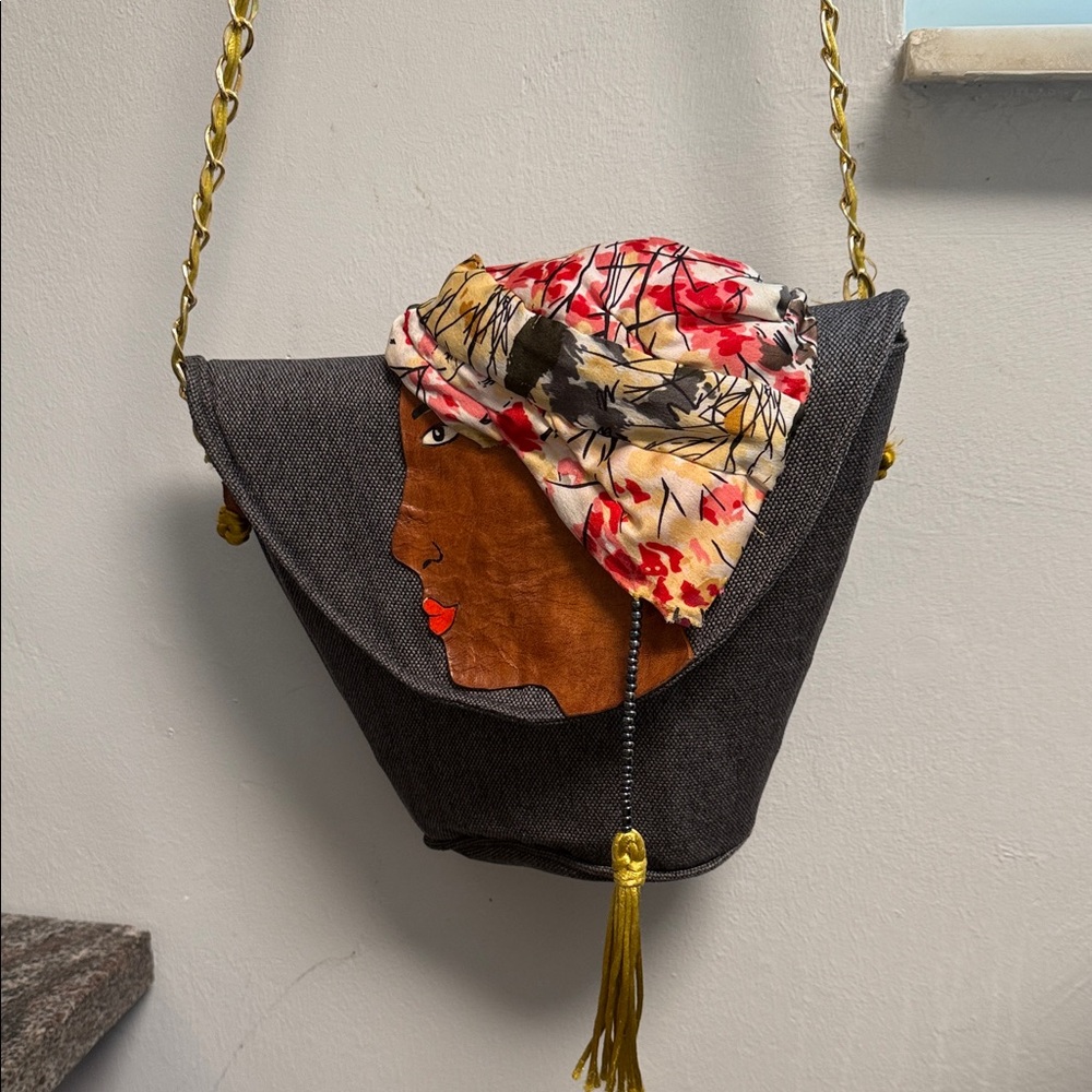 Artsy Leather and Denim wearable  Ethnic Art Crossbody Bag